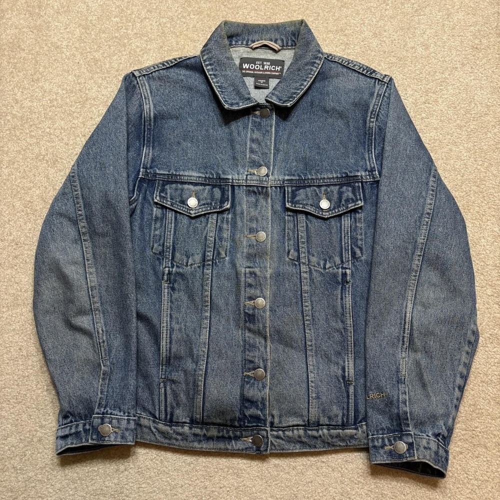 Woolrich Denim Jacket Womens Medium Blue Jean Trucker Snap Front Unlined Outdoor